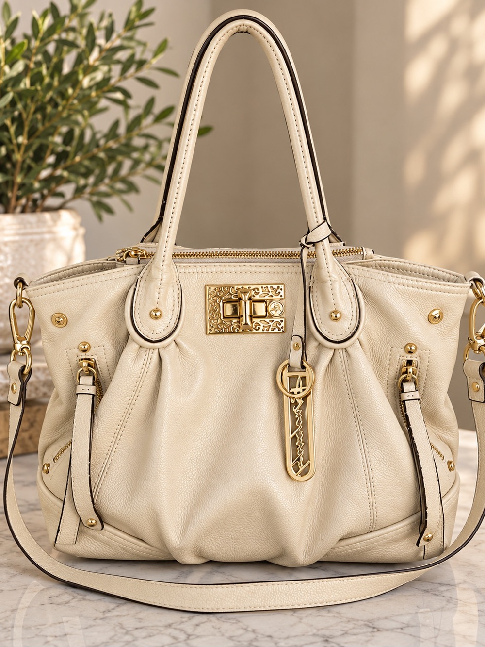 B Makowsky Cream Leather Satchel Crossbody Bag Leopard Lining